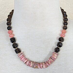 Coral & Blush Pink Rhodonite & Black Smoky Quartz Faceted Statement Necklace